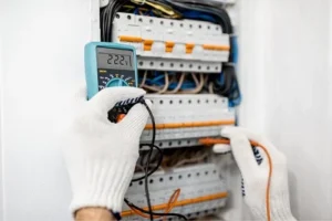 Electrician testing electrical panel with multimeter, ensuring safety and functionality in Newport Beach, CA.